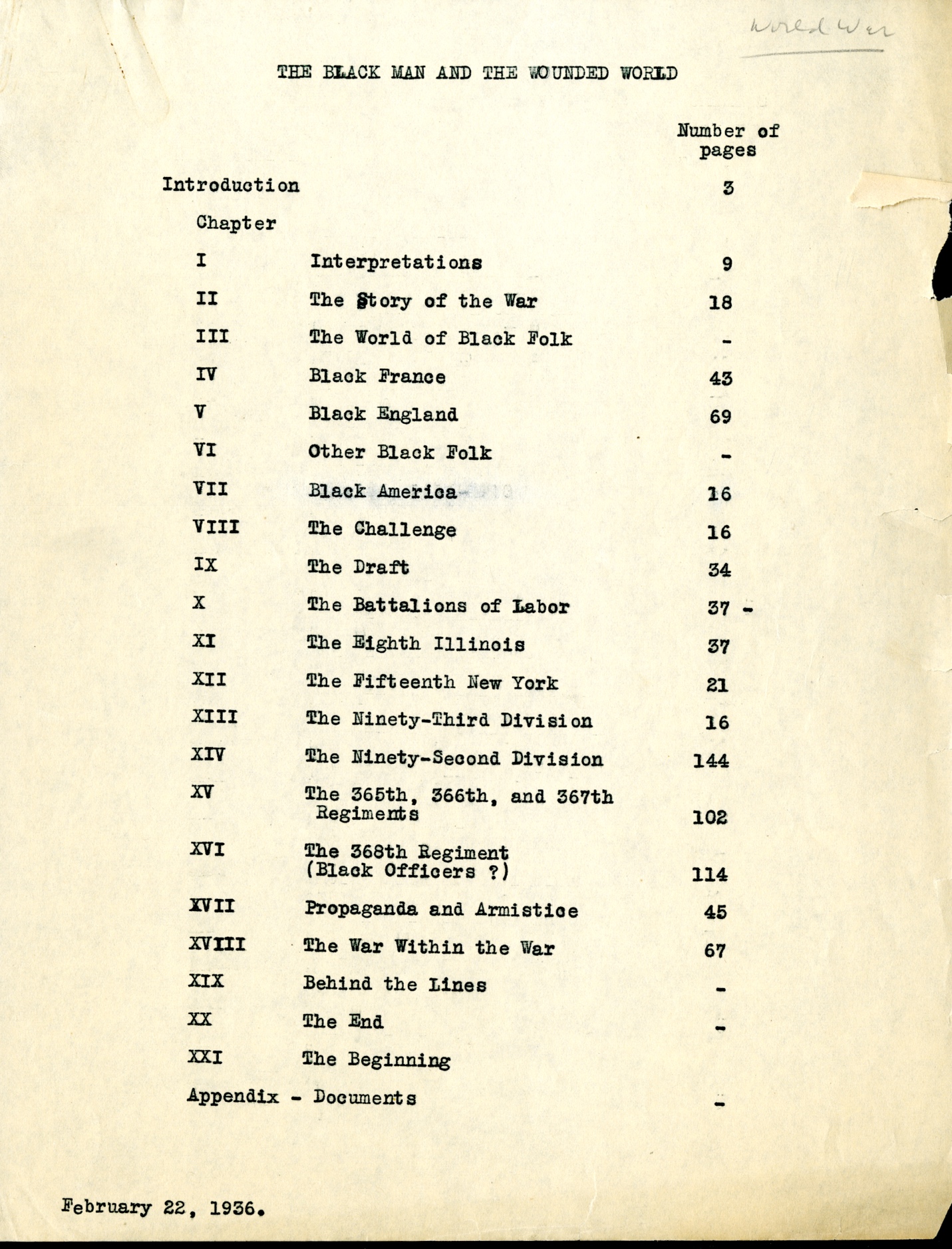 A worn, yellowed piece of paper with three typewritten columns of text arranged into a table of contents. The title THE BLACK MAN AND THE WOUNDED WORLD appears at the top of the paper. The columns organize 21 chapters (numbered with Roman numerals), an Introduction, and Appendix by page title and page number. The page is dated February 22, 1936 in the lower left corner. The words "World War" are penciled in cursive on the upper right corner. The right margin appears creased and torn.