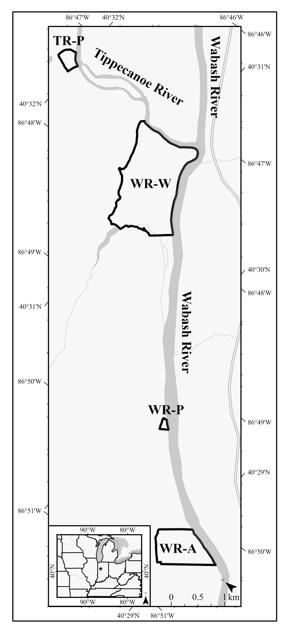 Line map of floodplain locations relative to the Tippecanoe and Wabash Rivers