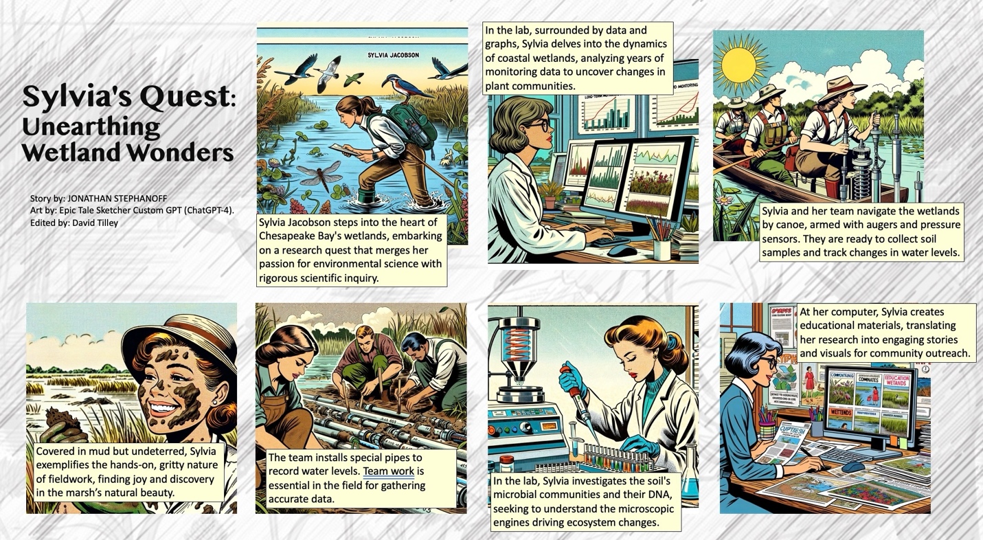 A cartoon-style story, with hand-drawn-appearing images and type, about a scientist named Sylvia.