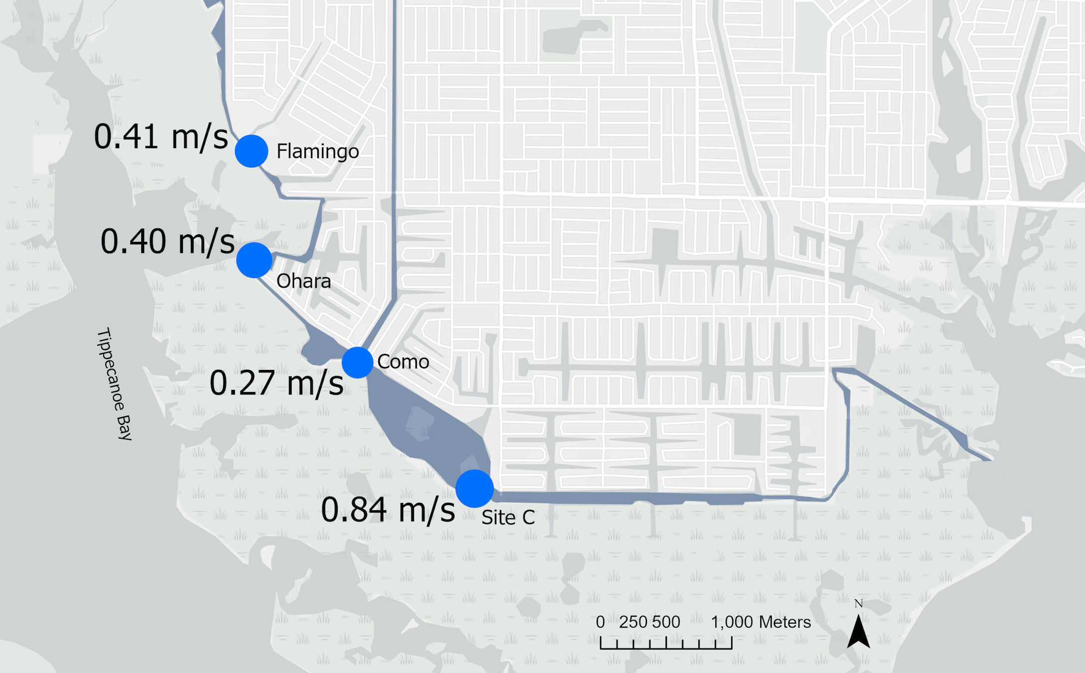 Figure 5 shows a color map of simulated wind velocity during Hurricane Elsa. Blue dots on the map indicate points of interest.