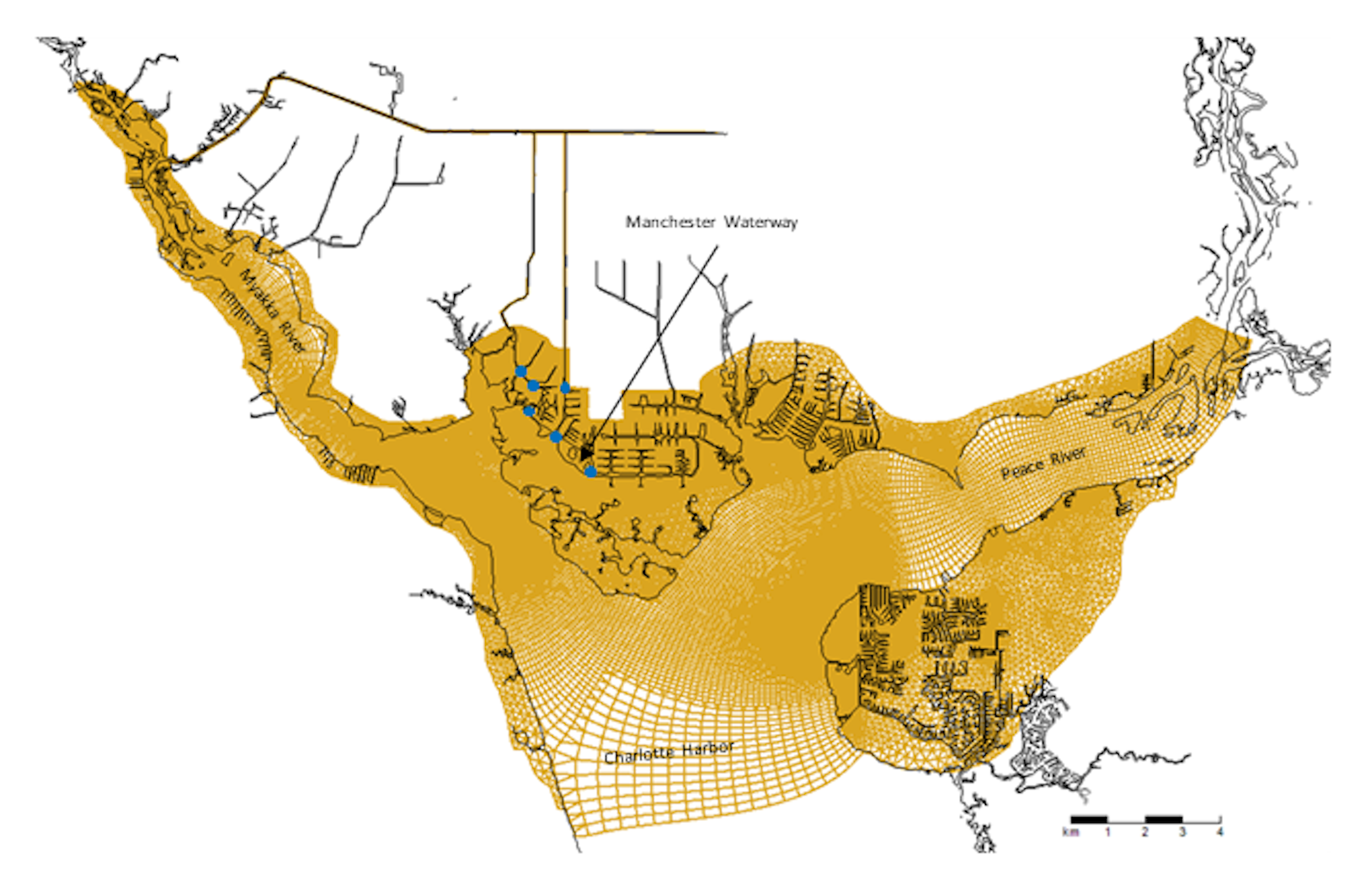 Figure 3 shows a black and gold, unstructured mesh map of Florida's Manchester waterway and the surrounding area, with analysis sites indicated by blue circles.