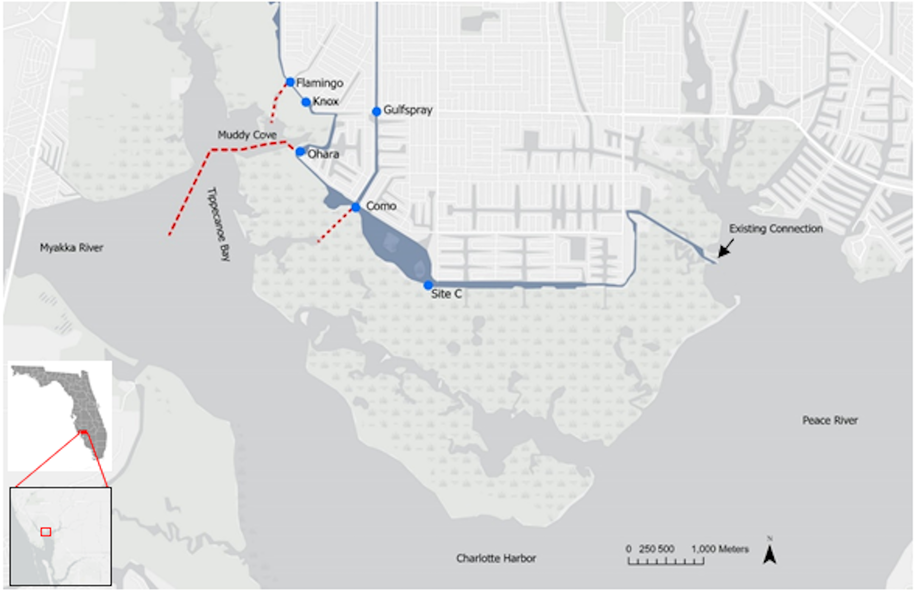 Figure 1 is a color map of Florida's Manchester Waterway with marks indicating proposed connections and analysis sites.