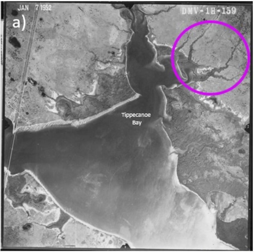 Figure 2a shows a black-and-white map of Tippecanoe Bay, Florida, from 1952, with a magenta circle indicating the area of interest.