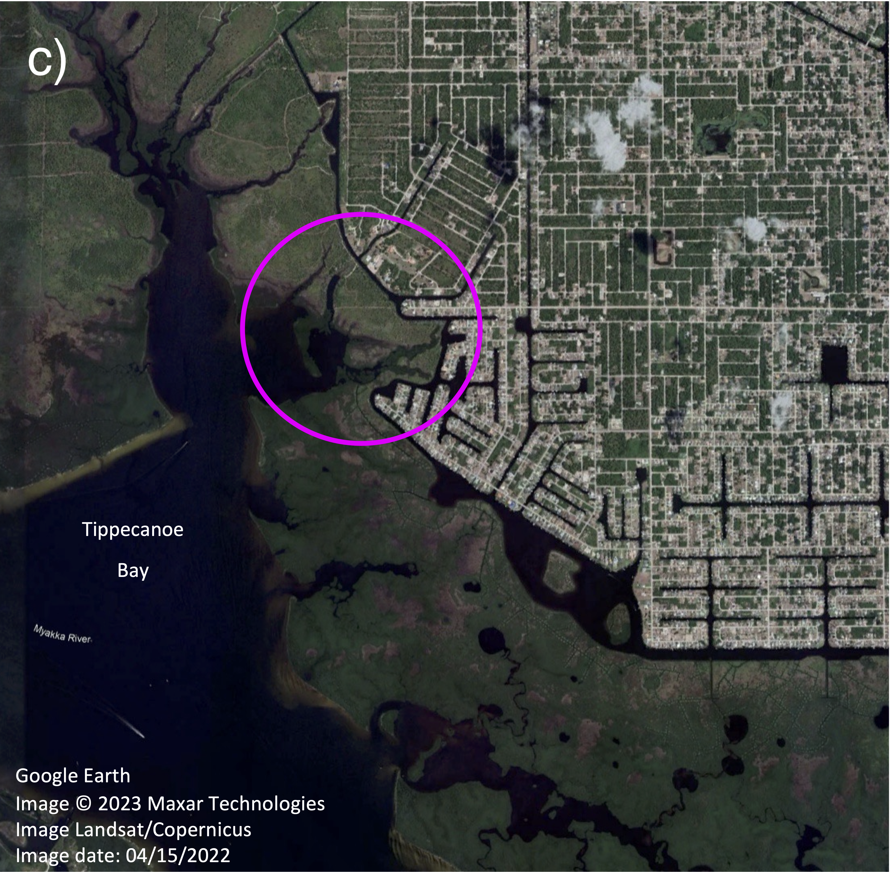 Figure 2c shows a color Google Earth image of Tippecanoe Bay, Florida, from 2022, with a magenta circle indicating the area of interest.