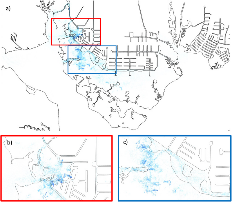 Combined figures 10a, 10b, and 10c. Figure 10a shows a black-and-white line map of data for Manchester Bay, Florida with a red rectangle and a blue rectangle highlighting two areas. Figure 10b shows a close-up of Ohara and Flamingo in a red box. Figure 10c shows a close-up of Como in a blue box.