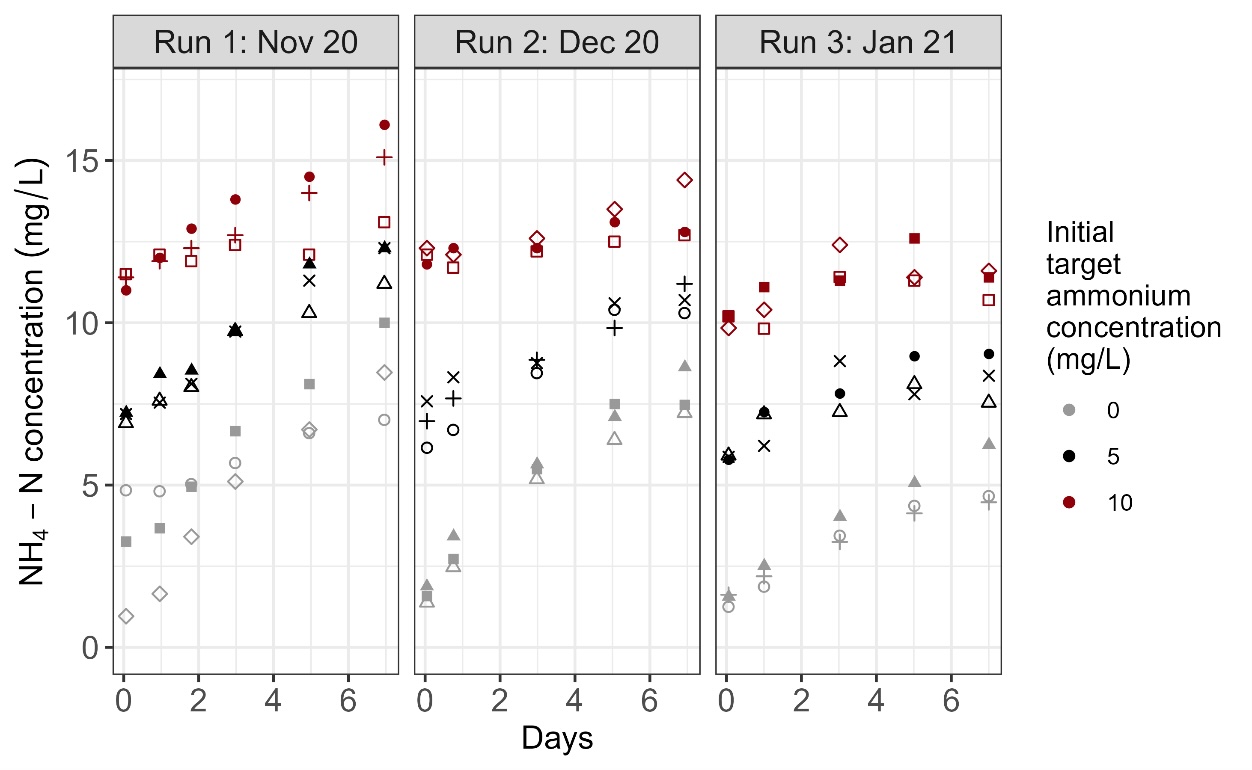 A graph showing data from the three experimental runs in maroon, black, and grey.